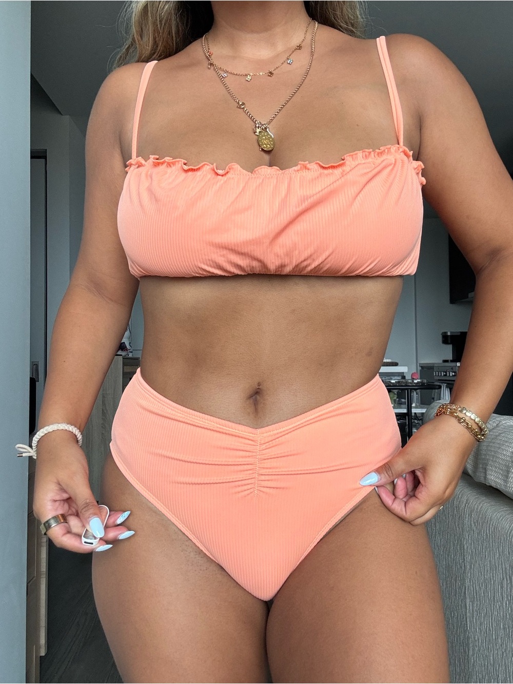 Ribbed High-Waist Bikini Set in Peach